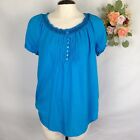 Faded Glory Small Caribean Blue Pleated Short Sleeves Elastic Neck Top Buttons