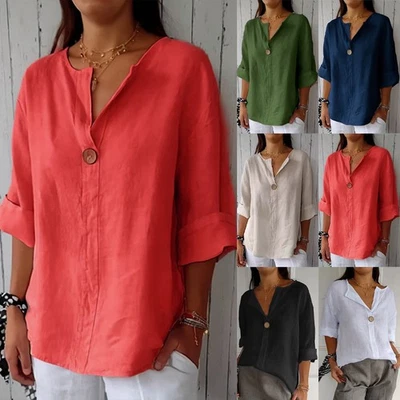 UK Womens Linen Cotton V-neck Tee Tops Long Sleeve Shirts Loose Blouse PLUS SIZE - Image 1 of 4