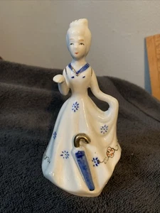 Vintage Porcelain Dinner Bell Lady Gold Accents & Blue Umbrella - Picture 1 of 7