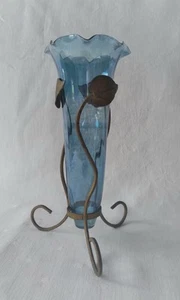 Vintage Art Deco Blue Glass Flower Vase Silver Ivy Leaf Metal Base Removeable - Picture 1 of 19