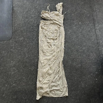 Vestido de diseño ASOS para mujer EE. UU. 6 gris drapeado con hombros descubiertos maxi adornado con cuentas Foto 1 de 4