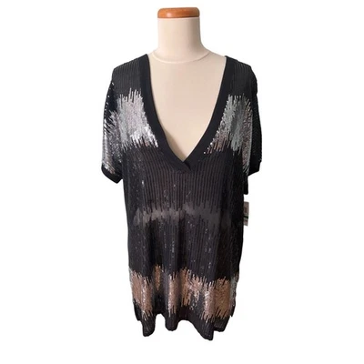 Блузка женская International Concepts размер Large черная с v-образным вырезом с блестками прозрачные топы - Изображение 1 из 4