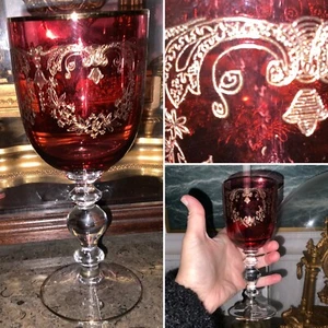 👀Antique 7” MOSER CZECH ruby WATER WINE GLASS NEEDLE Engraved GOLD HEART knop - Picture 1 of 9