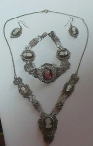 Antique Victorian Silver Abalone Shell Cameo Necklace, Bracelet & Earrings - Picture 1 of 12