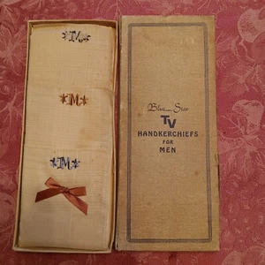 Vintage Men's Handkerchief Set of 3 Monogram Initial M Blue Star TV Fold NIB - Picture 1 of 1