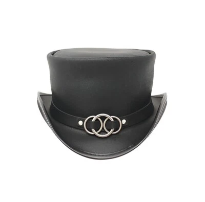 Black Leather Gothic Victorian Steampunk Top Hat with Rings Band - Image 1 of 3