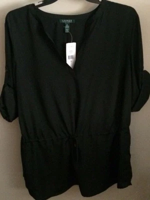NUEVO CON ETIQUETAS~RALPH LAUREN PLUS~CAMISA/TOP TÚNICA MANGA ENROLLADA CUELLO EN V NEGRA~TALLA 2X~NUEVA Foto 1 de 2