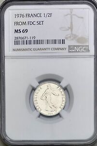 1976 FRANCE 1/2 FRANC FROM FDC SET NGC MS 69 ONLY 1 GRADED HIGHER 