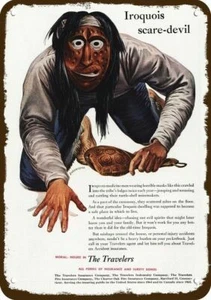 1952 Iroquois Medicine Man & Travelers Insurance DECORATIVE REPLICA METAL SIGN - Picture 1 of 1
