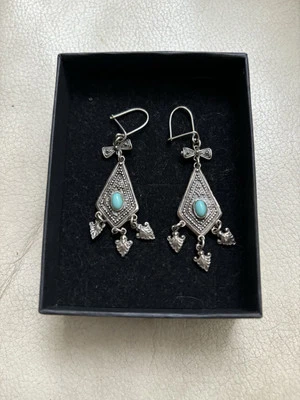 Vintage Edwardian to Art Deco Sterling Silver & Turquoise Drop Earrings - Image 1 of 4