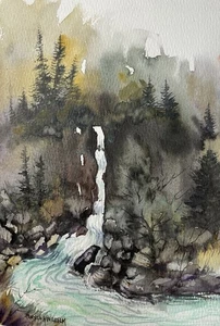 Pamela Wilhelm original 6”x8” acuarela montaña pinos cascada paisaje - Imagen 1 de 1