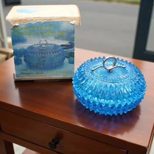 Indiana Glass Diamond Point Blue Glass Powder Jar Candy Dish Vintage Vanity - Picture 1 of 6