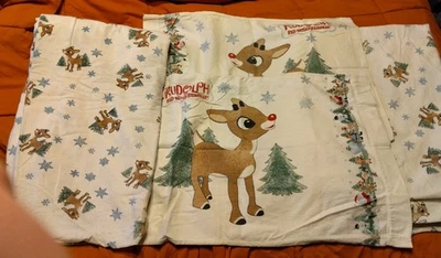Vtg 1992 RUDOLPH THE RED NOSE REINDEER Full FLANNEL Sheet Set ISLANDMISFIT TOYS  - Image 1 of 4