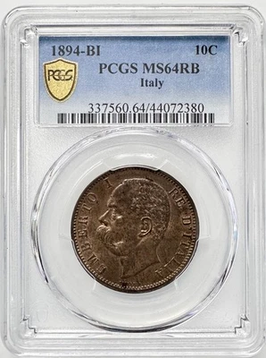 ITALIA. 1894-BI, 10 Centesimi -Umberto I-PCGS MS64 RB-KM# 27 envío rápido EE. UU. Foto 1 de 2