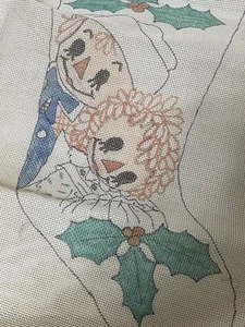 Handgemalte Nadelspitze Leinwand Raggedy Ann Andy Weihnachtsstrumpf Kappie Vintage - Bild 1 von 7