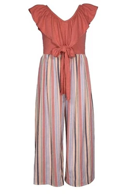 NEW Bonnie Jean Girl Size 8 "SPICE BLUE-MULTI STRIPE" Ruffle Front Jumpsuit NWT - Image 1 of 3