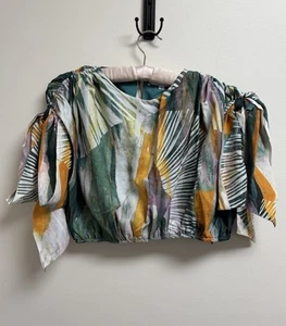NWT Andrea Iyamah Halima Crop Top M Abstract Leaf Print Tie Sleeve RS2711A - Picture 1 of 5
