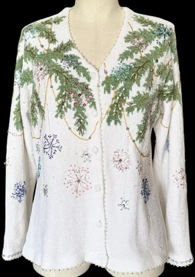 Design Options Philip Jane Gordon Beaded Holiday Cardigan Snowflakes Fir Tree M - Image 1 of 4