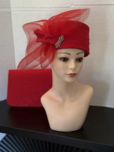 Lisa Renee Red Sophisticated Pill Box Church Hat and Matching Clutch Purse - Picture 1 of 11
