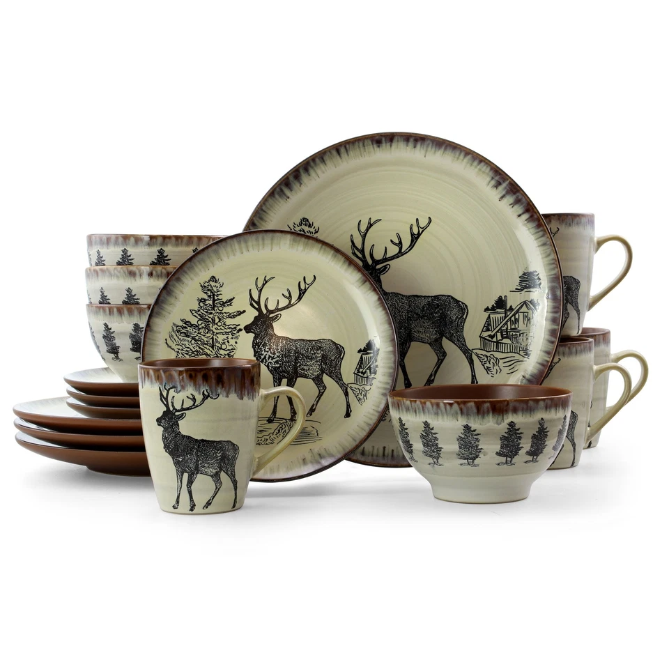 Elama Majestic Elk 16 Piece Luxurious Stoneware Dinnerware With Complete Setting