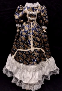 Vtg Victorian Style 23" Porcelain Doll Dress Navy Blue & Gold Floral + Rosettes - Picture 1 of 8