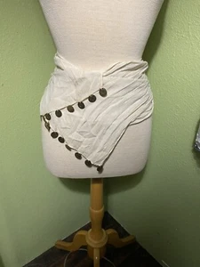 Rare Vintage 1980s scarf gypsy wrap Ivory Coin fringe 9” x 67” - Picture 1 of 7