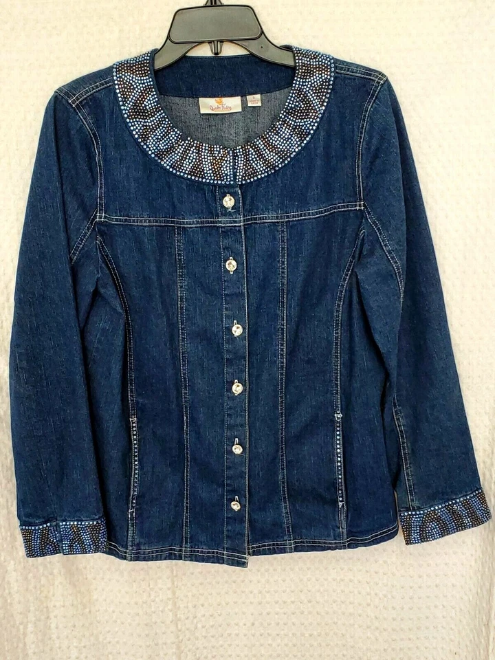 Quacker Factory Women's Bedazzled Denim Jean Jacket Blue Gold Rhinestone Size S - Image 1 of 4