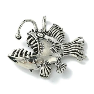 Angler Fish Charm Antiqued Silver Piranha Nautical Jewelry Pendant 49mm - Picture 1 of 2