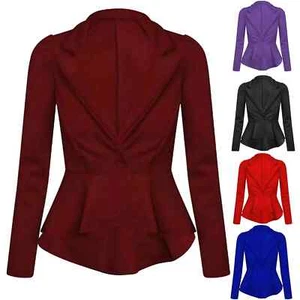 Women’s One-Button Peplum Blazer, Fitted Long Sleeve Frill Ladies Jacket UK 8-24 - Picture 1 of 5