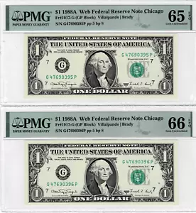 1988A $1 (2 CONSEC.) FRN 'WEB' Notes-fr.1917-G (AF 5/8) -PMG GEM 65 & 66 EPQ - Picture 1 of 6