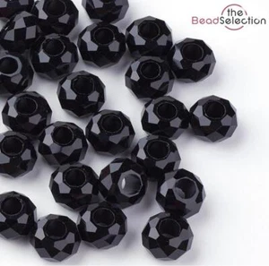 10 FACETED 14mm BLACK OPAQUE RONDELLE GLASS BEADS LARGE HOLE 5mm GLS19 - Picture 1 of 4