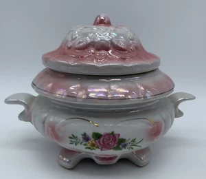 Cute Pink and White Pearlescent Dresser Jar Candy Jar with Floral Detail and Lid - Picture 1 of 9