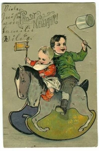 Postal Prosit Año Nuevo niños en caballo mecedor litografía en relieve 1906 - Imagen 1 de 2