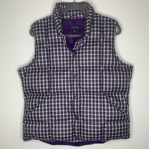 Land's End Womens Puffer Vest Large 14-16 Purple Plaid Down Feathers Snap Front - Picture 1 of 8