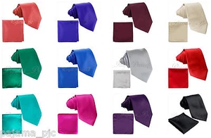 NEW MEN'S SOLID COLORS NECK TIE & HANKIE SET FORMAL PARTY WEDDING PROM Ties - Picture 1 of 15