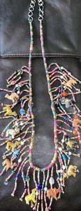 Vintage Wood Glass Carved Painted Animals Fringe Dangles Necklace ~ 40 Inch - Picture 1 of 8
