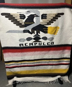 Tappeto vintage Acapulco coperta 75x43” lana frange Messico arte parete arazzo - Foto 1 di 8