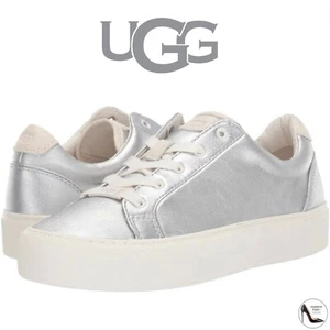 UGG ZILO Metallic Silver Leather Sneakers Trainers COMFORTABLE FLAT SHOE 9.5 - Picture 1 of 11