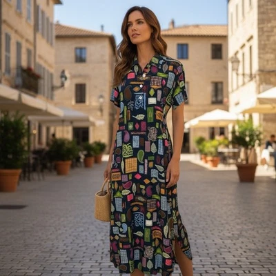 Vintage Talbots Womens Dress 10P Navy Blue Colorful Leaf Folk Art Midi Country - Image 1 of 4