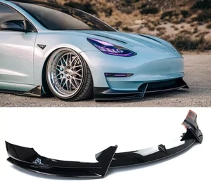 FITS Tesla Model 3 2017-2023 Glossy Black Front Bumper Lip Splitter Spoiler Kit - Picture 1 of 9