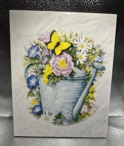 Watering Can Floral Ceramic Tile Rectangle Signed Sue 2016 10”x8” - Picture 1 of 12