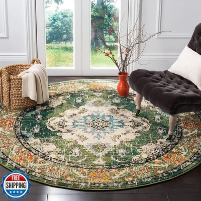 Tapete de Área Coleção SAFAVIEH Monaco - 8' Redondo, Verde Floresta e Azul Claro,  - Imagem 1 de 4