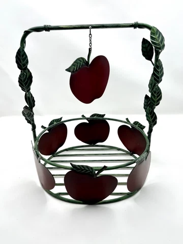 VTG Brushed Red Green Round Metal Wire Apple Basket Vine Handle Modern Farmhouse Cover