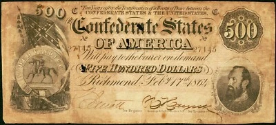 1864 - Cofederate Currency - $500 T-64 - STONEWALL JACKSON - Image 1 of 2