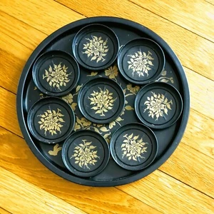 Vintage Serving Tray and Coasters. Mid Century Black & Gold Floral Metal Set - Picture 1 of 4