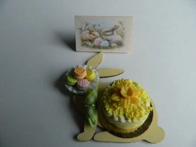 (C30)1/12th scale DOLLS HOUSE HANDMADE EASTER CAKE SET ON WOODEN BUNNY BOARD - Image 1 of 4