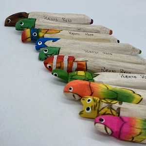 Hand Carved Jungle Animals Balsa Wood Crayons Pencils Puerto Rico Lot of 10￼ - Picture 1 of 12