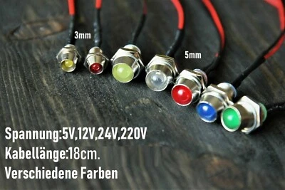 LEDs Led Verkabelt Kontrollleuchte 5V 12V 24V  Metallfassung 3mm 5mm - Bild 1 von 4