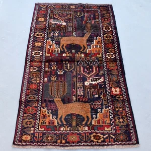 Reindeer Pictorial Rug Hand Knotted Handmade Deer Baluche Animal Wool Hanging - Picture 1 of 15