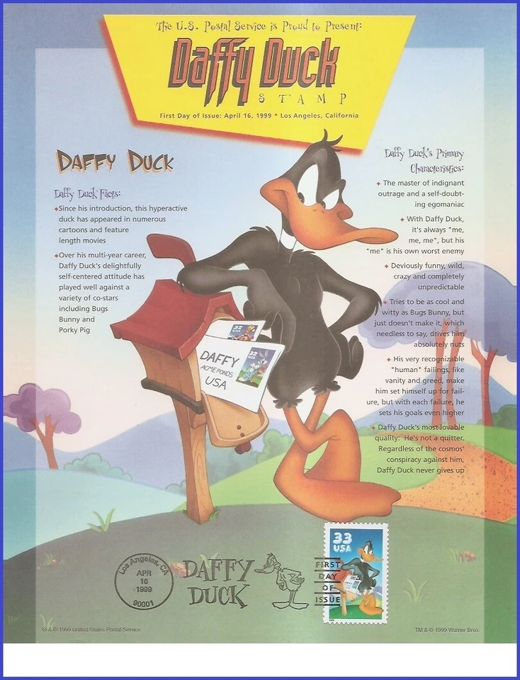 USA2 #3306a U/A SOUVENIR PAGE 2 FDC   Daffy Duck s/a - Image 1 of 1